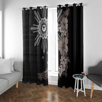 Hawaii and Philippines Together Window Curtain Hibiscus Flower and Sun Badge Polynesian Pattern Grayscale LT03 With Grommets Black - Polynesian Pride