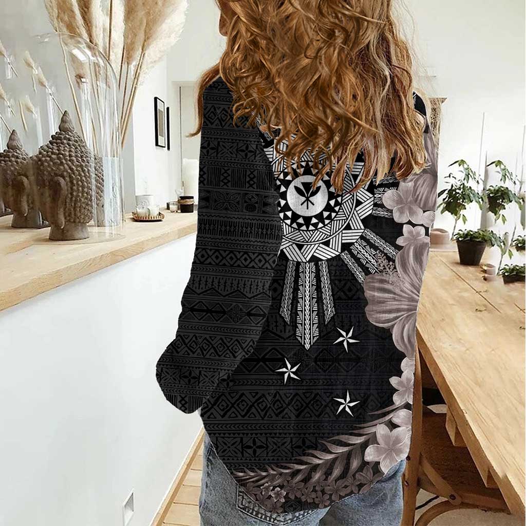 Hawaii and Philippines Together Women Casual Shirt Hibiscus Flower and Sun Badge Polynesian Pattern Grayscale