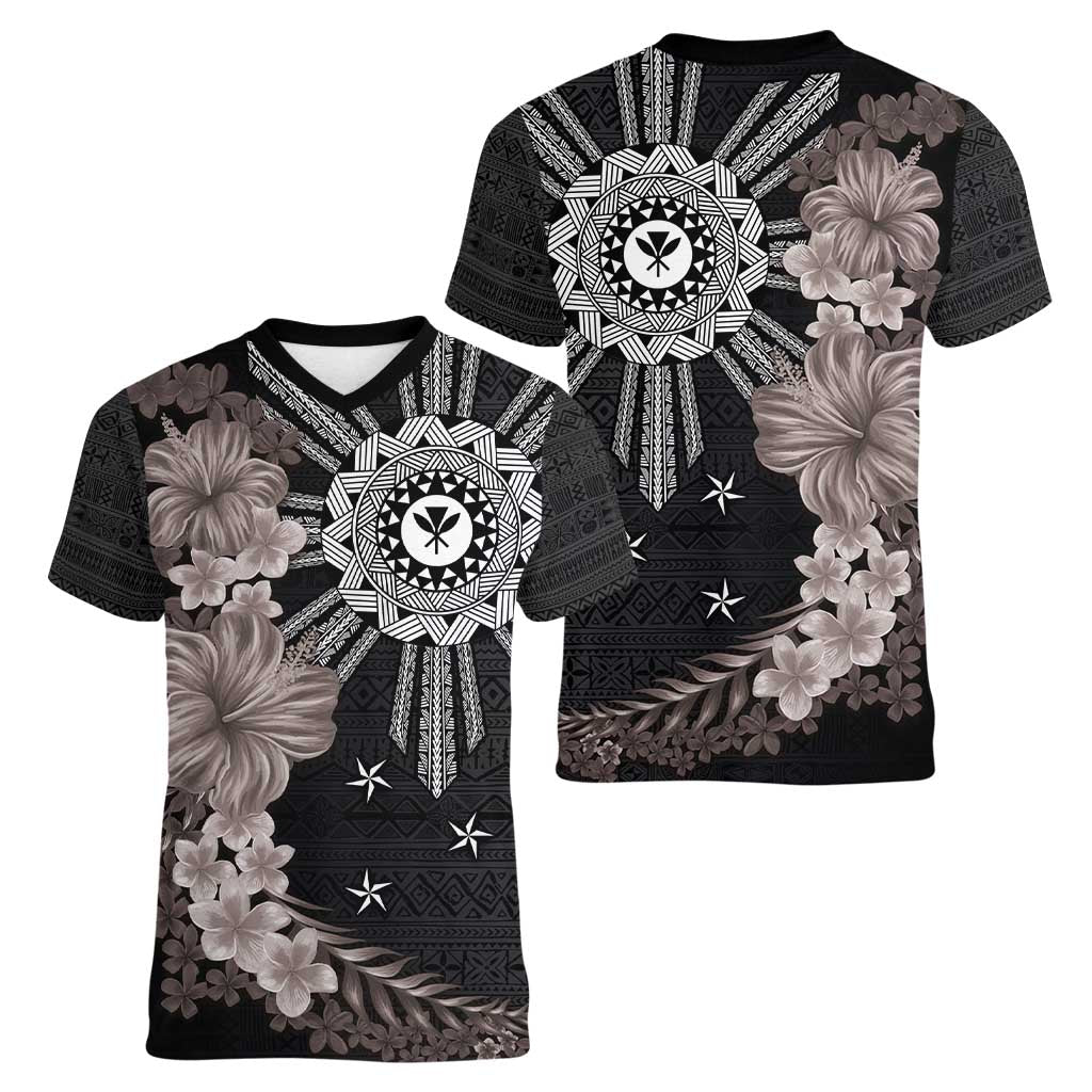 Hawaii and Philippines Together Women V-Neck T-Shirt Hibiscus Flower and Sun Badge Polynesian Pattern Grayscale