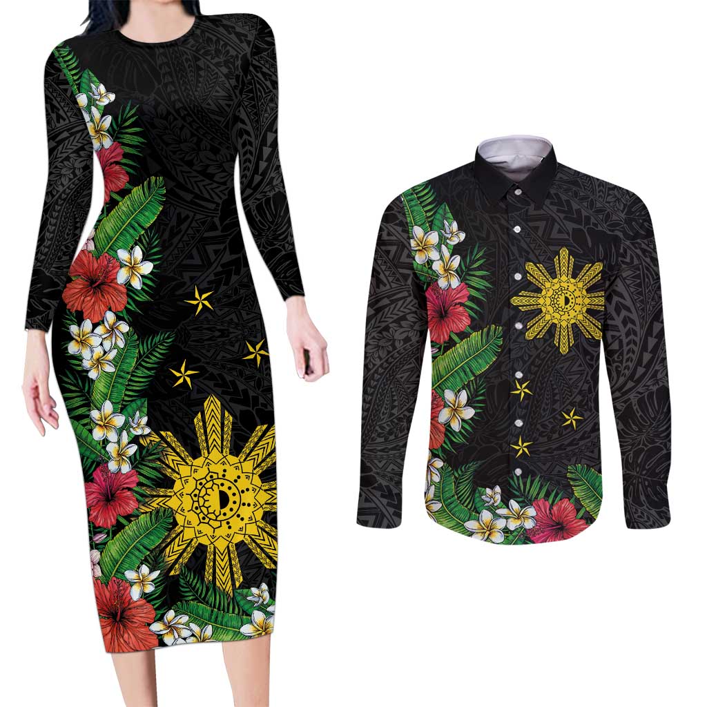 Tropical Hawaii and Philippines Couples Matching Long Sleeve Bodycon Dress and Long Sleeve Button Shirt Kanaka Maoli and Sun Badge Batok Tattoo Colorful LT03 Black - Polynesian Pride