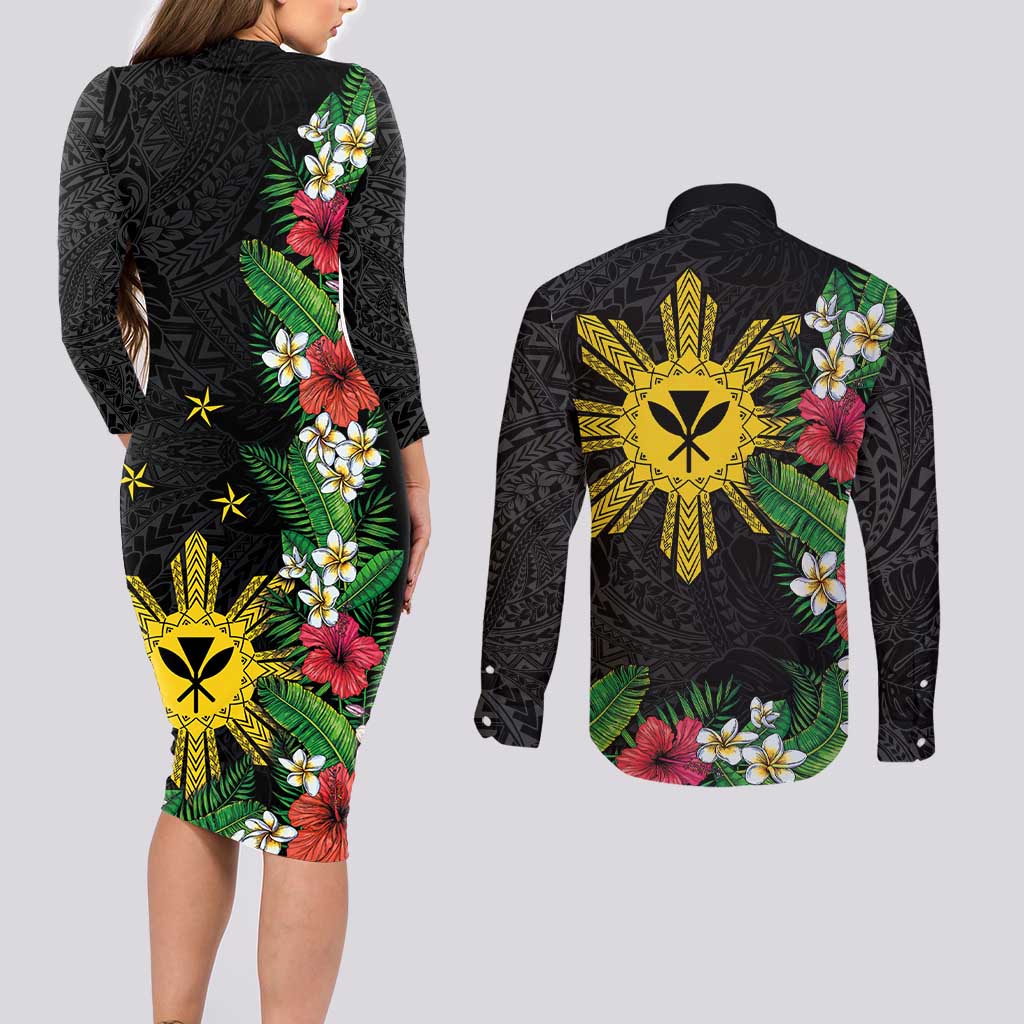 Tropical Hawaii and Philippines Couples Matching Long Sleeve Bodycon Dress and Long Sleeve Button Shirt Kanaka Maoli and Sun Badge Batok Tattoo Colorful LT03 - Polynesian Pride
