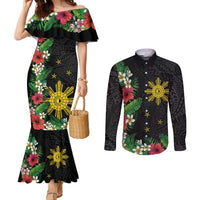 Tropical Hawaii and Philippines Couples Matching Mermaid Dress and Long Sleeve Button Shirt Kanaka Maoli and Sun Badge Batok Tattoo Colorful LT03 Black - Polynesian Pride