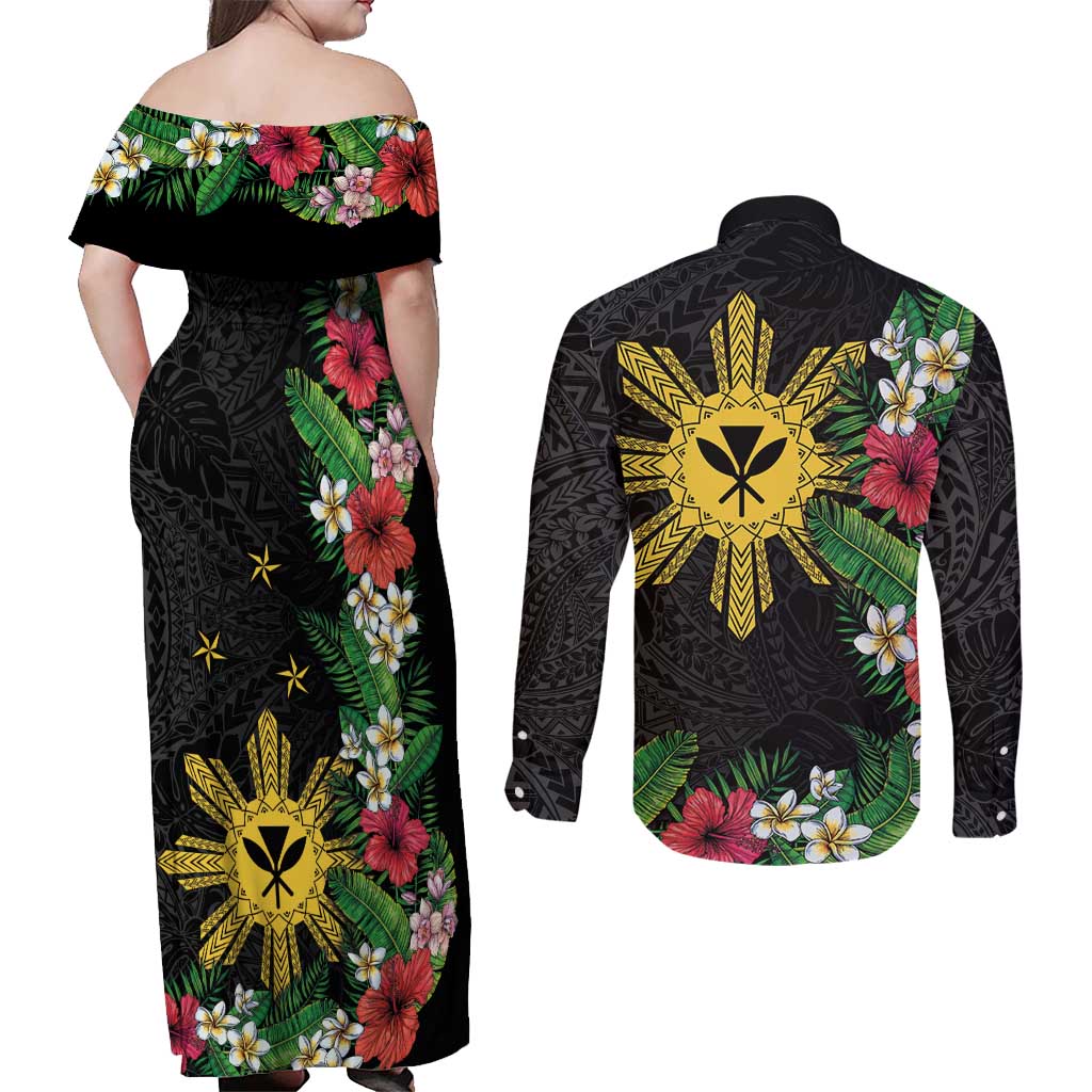 Tropical Hawaii and Philippines Couples Matching Off Shoulder Maxi Dress and Long Sleeve Button Shirt Kanaka Maoli and Sun Badge Batok Tattoo Colorful LT03 - Polynesian Pride