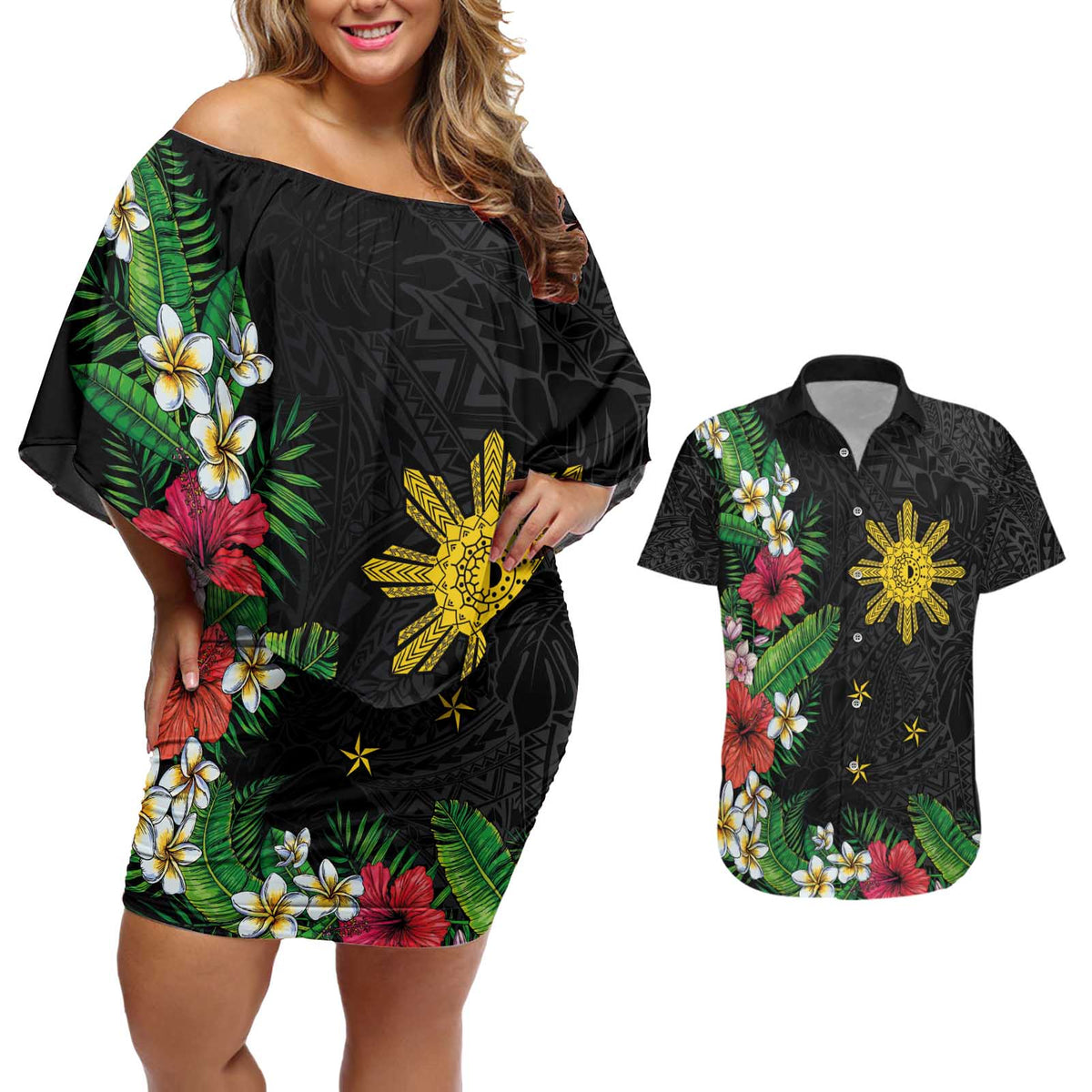 Tropical Hawaii and Philippines Couples Matching Off Shoulder Short Dress and Hawaiian Shirt Kanaka Maoli and Sun Badge Batok Tattoo Colorful LT03 Black - Polynesian Pride