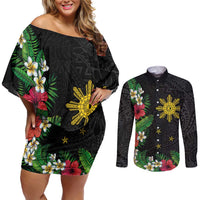 Tropical Hawaii and Philippines Couples Matching Off Shoulder Short Dress and Long Sleeve Button Shirt Kanaka Maoli and Sun Badge Batok Tattoo Colorful LT03 Black - Polynesian Pride