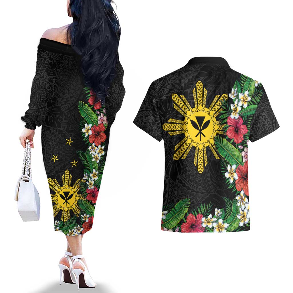 Tropical Hawaii and Philippines Couples Matching Off The Shoulder Long Sleeve Dress and Hawaiian Shirt Kanaka Maoli and Sun Badge Batok Tattoo Colorful LT03 - Polynesian Pride