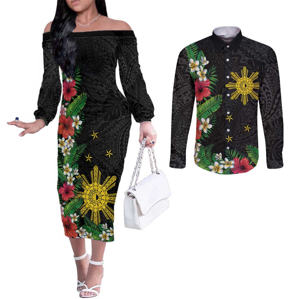 Tropical Hawaii and Philippines Couples Matching Off The Shoulder Long Sleeve Dress and Long Sleeve Button Shirt Kanaka Maoli and Sun Badge Batok Tattoo Colorful LT03 Black - Polynesian Pride