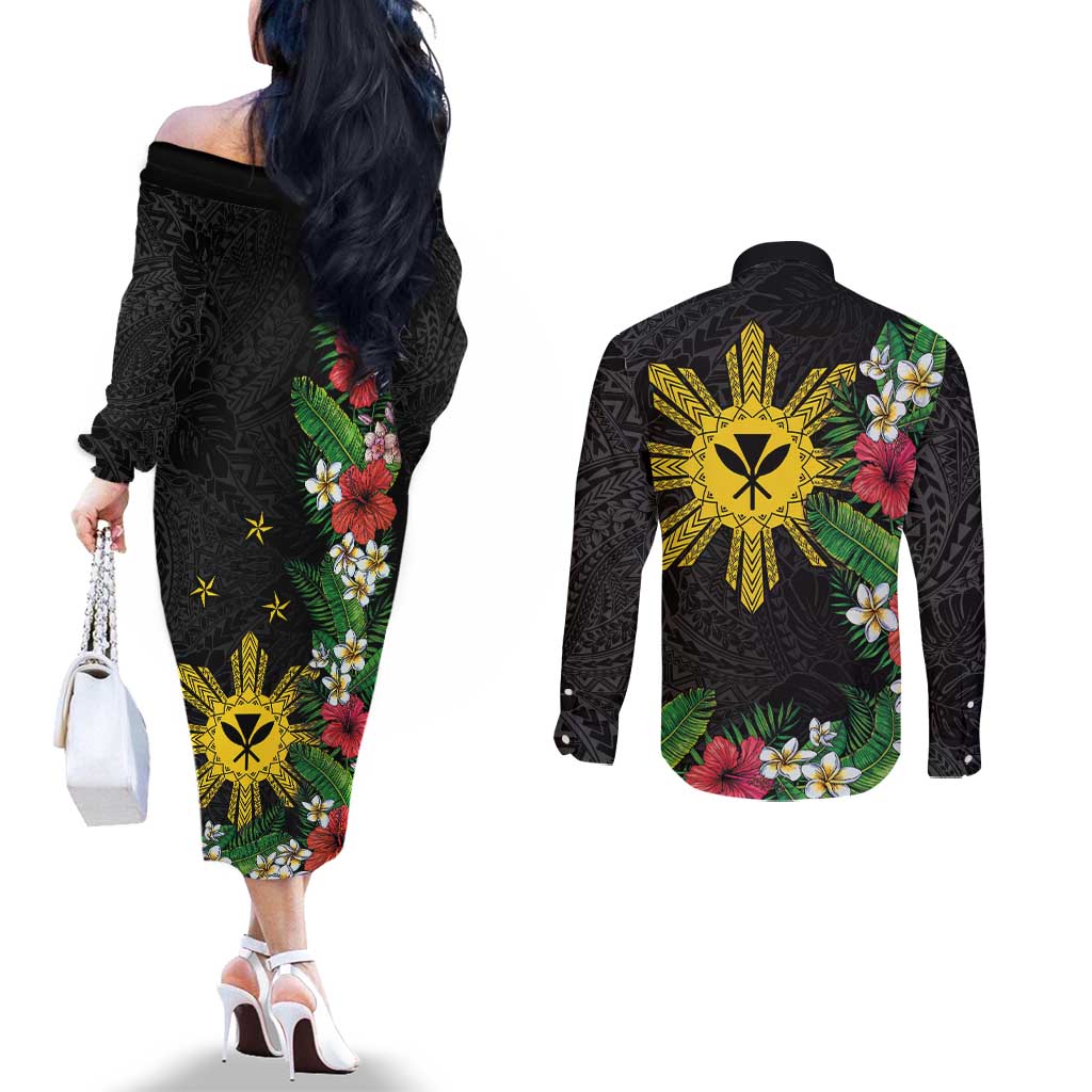 Tropical Hawaii and Philippines Couples Matching Off The Shoulder Long Sleeve Dress and Long Sleeve Button Shirt Kanaka Maoli and Sun Badge Batok Tattoo Colorful LT03 - Polynesian Pride