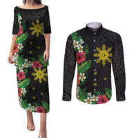 Tropical Hawaii and Philippines Couples Matching Puletasi and Long Sleeve Button Shirt Kanaka Maoli and Sun Badge Batok Tattoo Colorful LT03 Black - Polynesian Pride