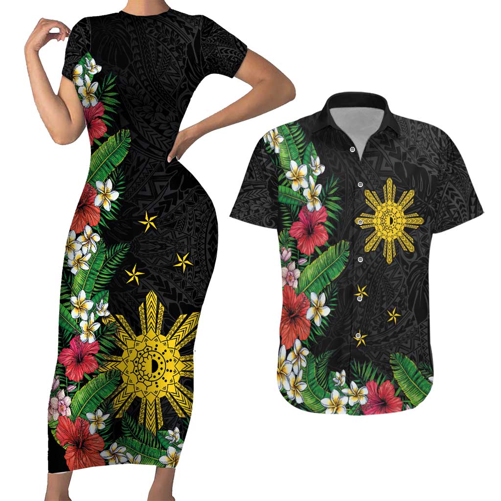 Tropical Hawaii and Philippines Couples Matching Short Sleeve Bodycon Dress and Hawaiian Shirt Kanaka Maoli and Sun Badge Batok Tattoo Colorful LT03 Black - Polynesian Pride