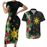 Tropical Hawaii and Philippines Couples Matching Short Sleeve Bodycon Dress and Hawaiian Shirt Kanaka Maoli and Sun Badge Batok Tattoo Colorful LT03 Black - Polynesian Pride