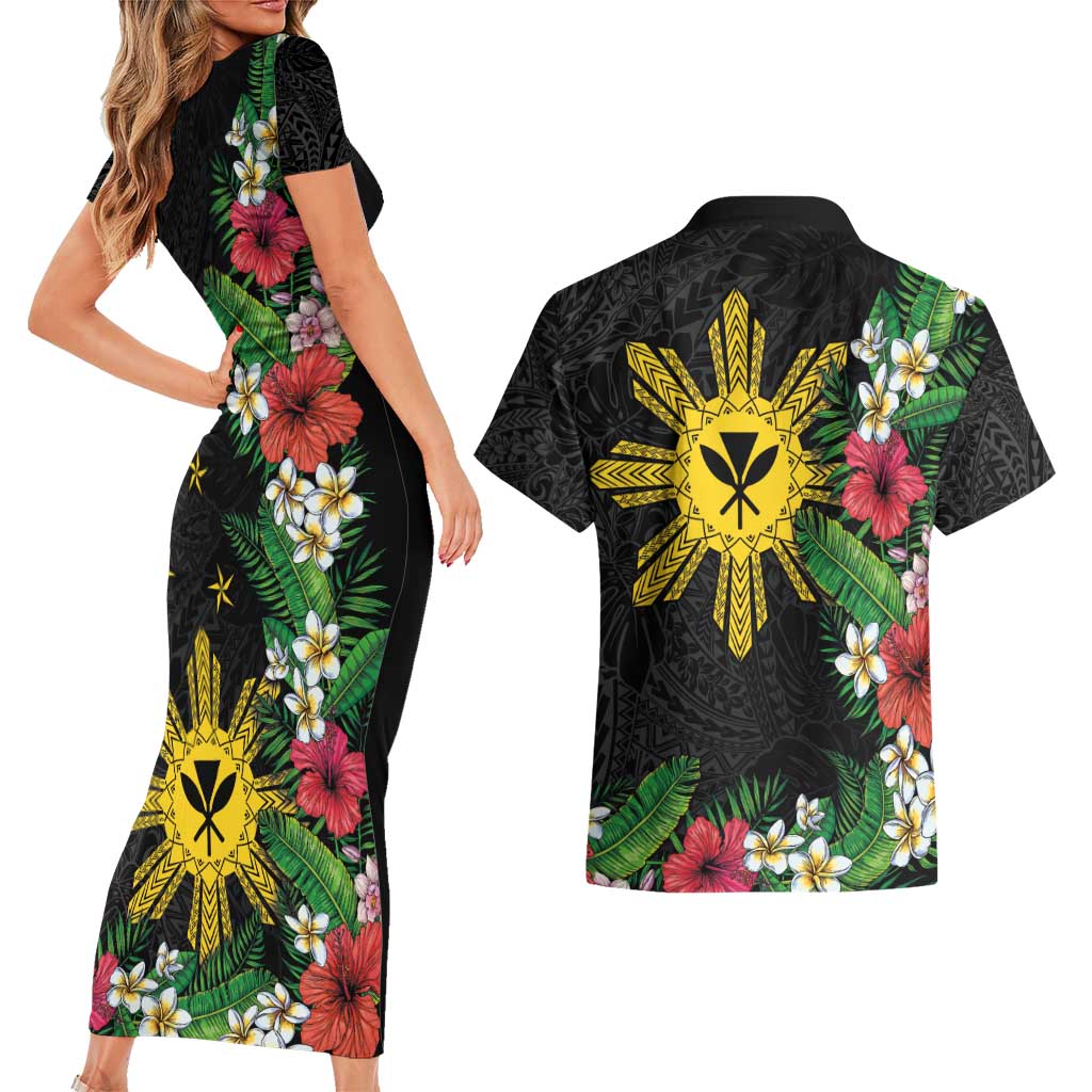 Tropical Hawaii and Philippines Couples Matching Short Sleeve Bodycon Dress and Hawaiian Shirt Kanaka Maoli and Sun Badge Batok Tattoo Colorful LT03 - Polynesian Pride