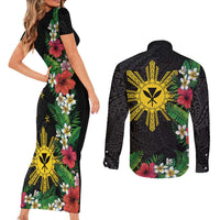 Tropical Hawaii and Philippines Couples Matching Short Sleeve Bodycon Dress and Long Sleeve Button Shirt Kanaka Maoli and Sun Badge Batok Tattoo Colorful LT03 - Polynesian Pride