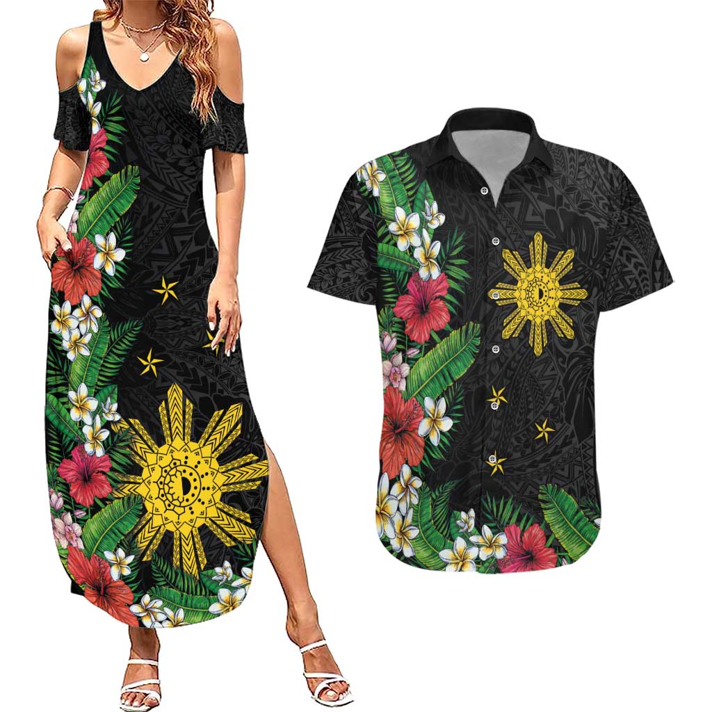 Tropical Hawaii and Philippines Couples Matching Summer Maxi Dress and Hawaiian Shirt Kanaka Maoli and Sun Badge Batok Tattoo Colorful LT03 Black - Polynesian Pride