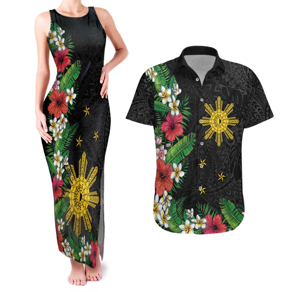 Tropical Hawaii and Philippines Couples Matching Tank Maxi Dress and Hawaiian Shirt Kanaka Maoli and Sun Badge Batok Tattoo Colorful LT03 Black - Polynesian Pride