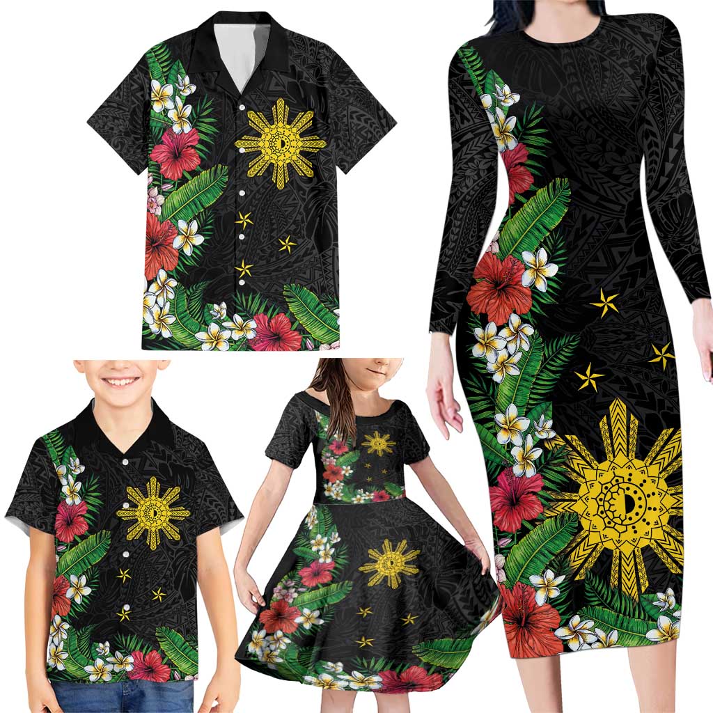 Tropical Hawaii and Philippines Family Matching Long Sleeve Bodycon Dress and Hawaiian Shirt Kanaka Maoli and Sun Badge Batok Tattoo Colorful LT03 - Polynesian Pride
