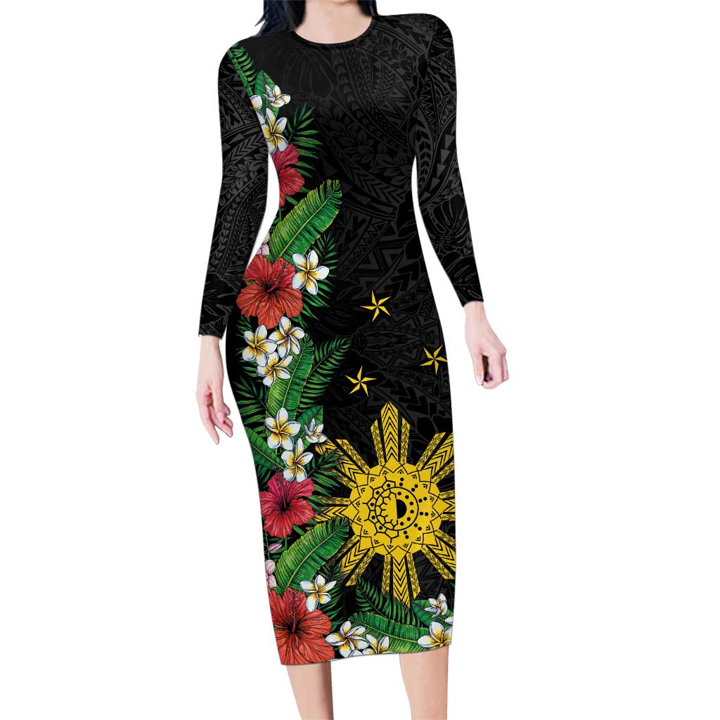 Tropical Hawaii and Philippines Family Matching Long Sleeve Bodycon Dress and Hawaiian Shirt Kanaka Maoli and Sun Badge Batok Tattoo Colorful LT03 Mom's Dress Black - Polynesian Pride