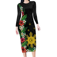 Tropical Hawaii and Philippines Family Matching Long Sleeve Bodycon Dress and Hawaiian Shirt Kanaka Maoli and Sun Badge Batok Tattoo Colorful LT03 Mom's Dress Black - Polynesian Pride