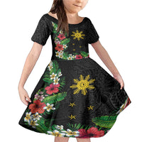 Tropical Hawaii and Philippines Family Matching Mermaid Dress and Hawaiian Shirt Kanaka Maoli and Sun Badge Batok Tattoo Colorful LT03 Daughter's Dress Black - Polynesian Pride