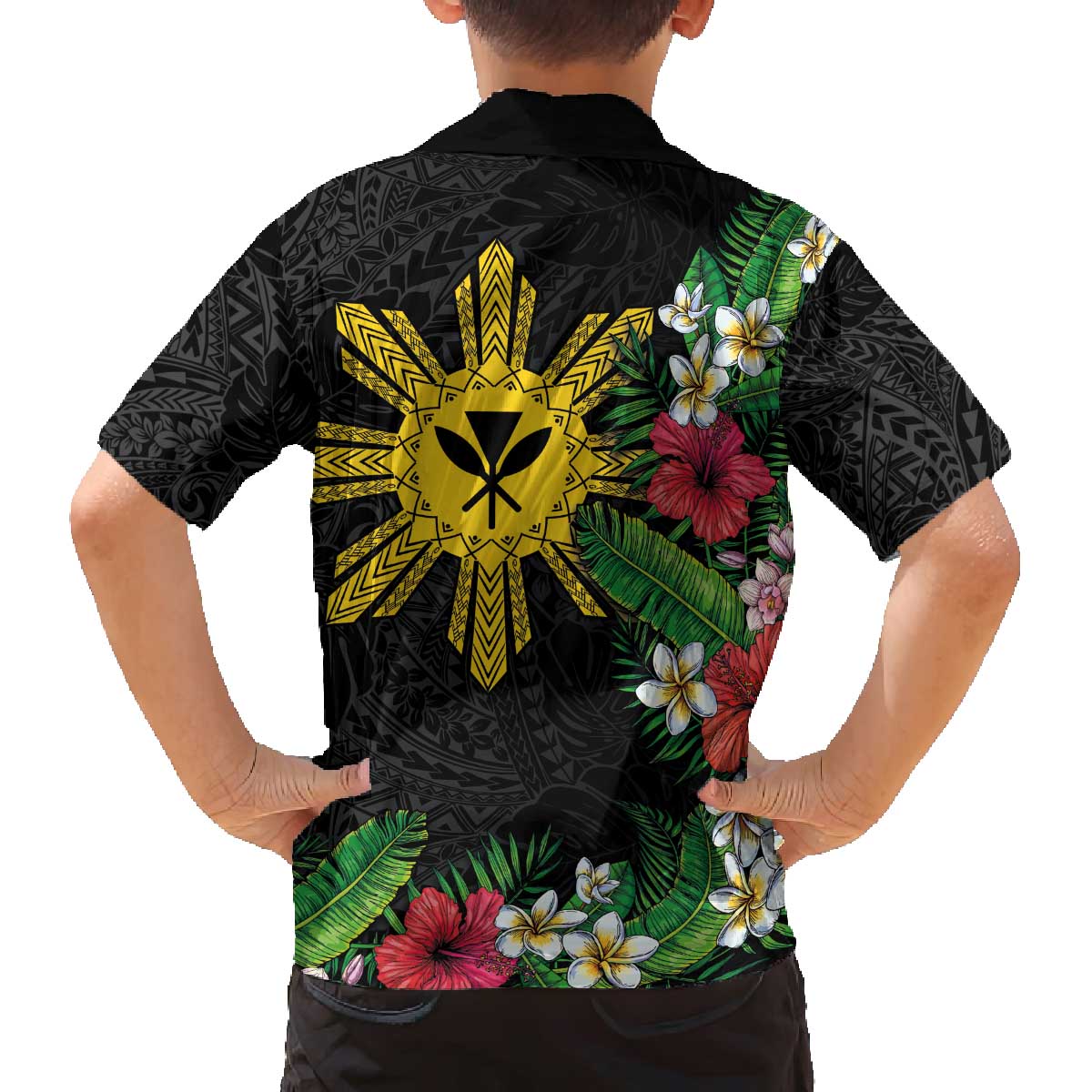 Tropical Hawaii and Philippines Family Matching Off The Shoulder Long Sleeve Dress and Hawaiian Shirt Kanaka Maoli and Sun Badge Batok Tattoo Colorful LT03 - Polynesian Pride