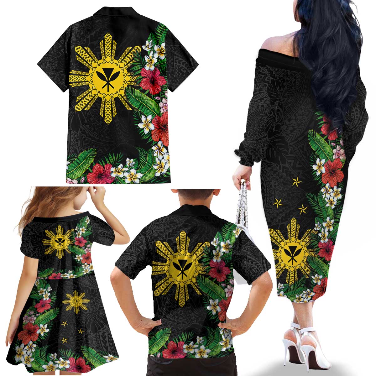 Tropical Hawaii and Philippines Family Matching Off The Shoulder Long Sleeve Dress and Hawaiian Shirt Kanaka Maoli and Sun Badge Batok Tattoo Colorful LT03 - Polynesian Pride