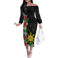 Tropical Hawaii and Philippines Family Matching Off The Shoulder Long Sleeve Dress and Hawaiian Shirt Kanaka Maoli and Sun Badge Batok Tattoo Colorful LT03 Mom's Dress Black - Polynesian Pride
