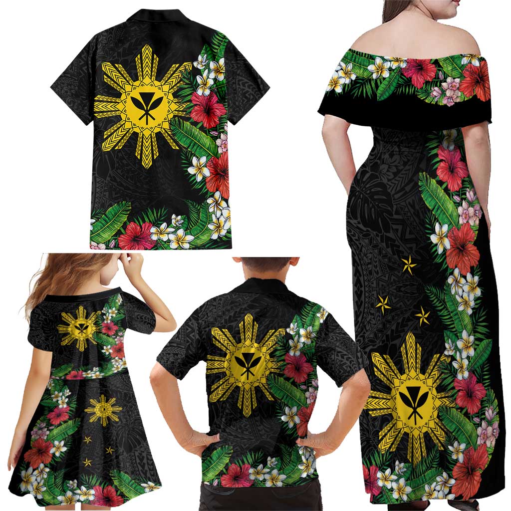 Tropical Hawaii and Philippines Family Matching Off Shoulder Maxi Dress and Hawaiian Shirt Kanaka Maoli and Sun Badge Batok Tattoo Colorful LT03 - Polynesian Pride