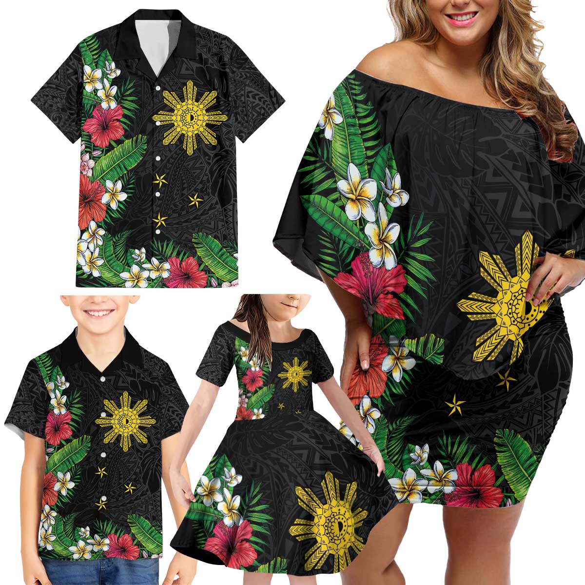 Tropical Hawaii and Philippines Family Matching Off Shoulder Short Dress and Hawaiian Shirt Kanaka Maoli and Sun Badge Batok Tattoo Colorful LT03 - Polynesian Pride