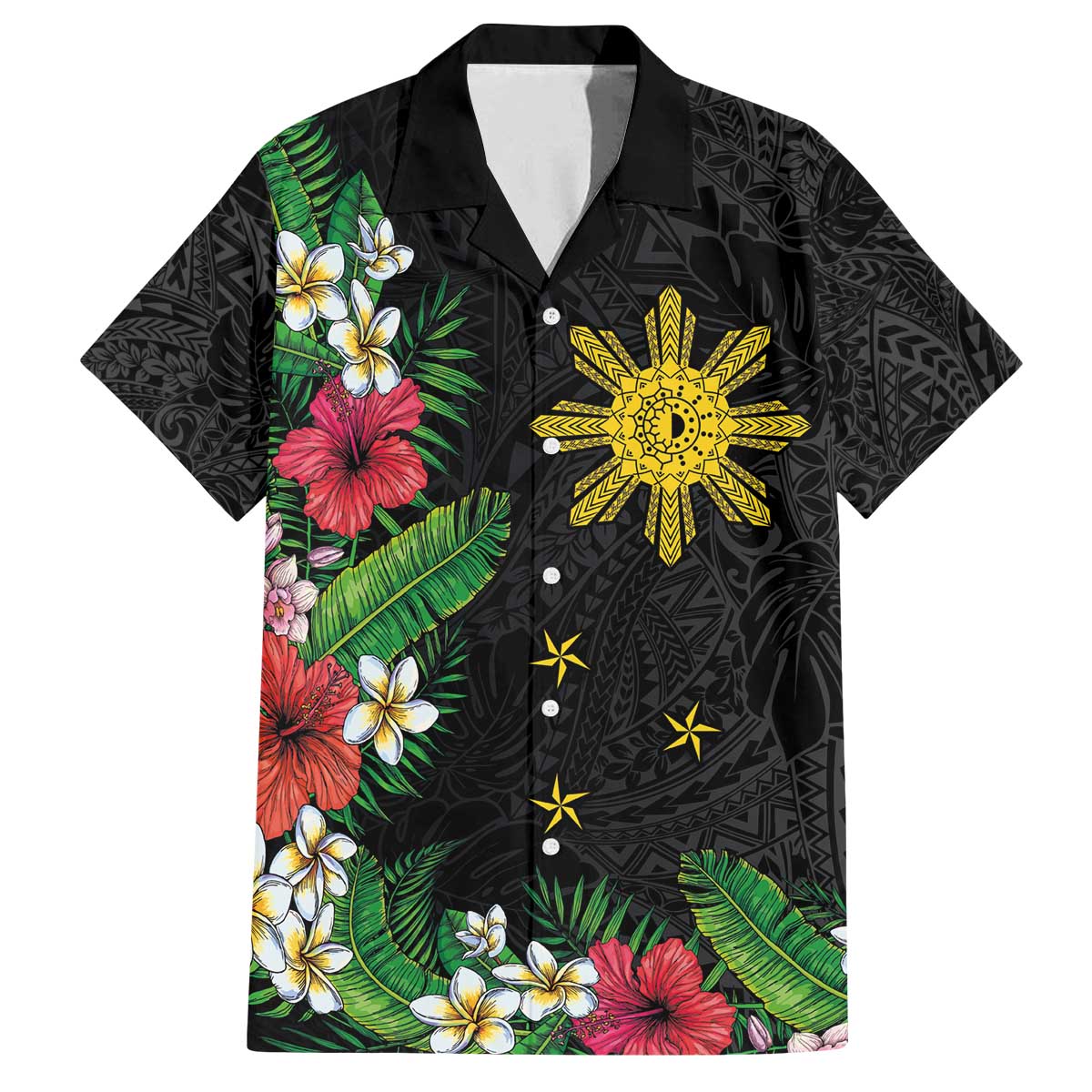 Tropical Hawaii and Philippines Family Matching Off Shoulder Short Dress and Hawaiian Shirt Kanaka Maoli and Sun Badge Batok Tattoo Colorful LT03 Dad's Shirt - Short Sleeve Black - Polynesian Pride