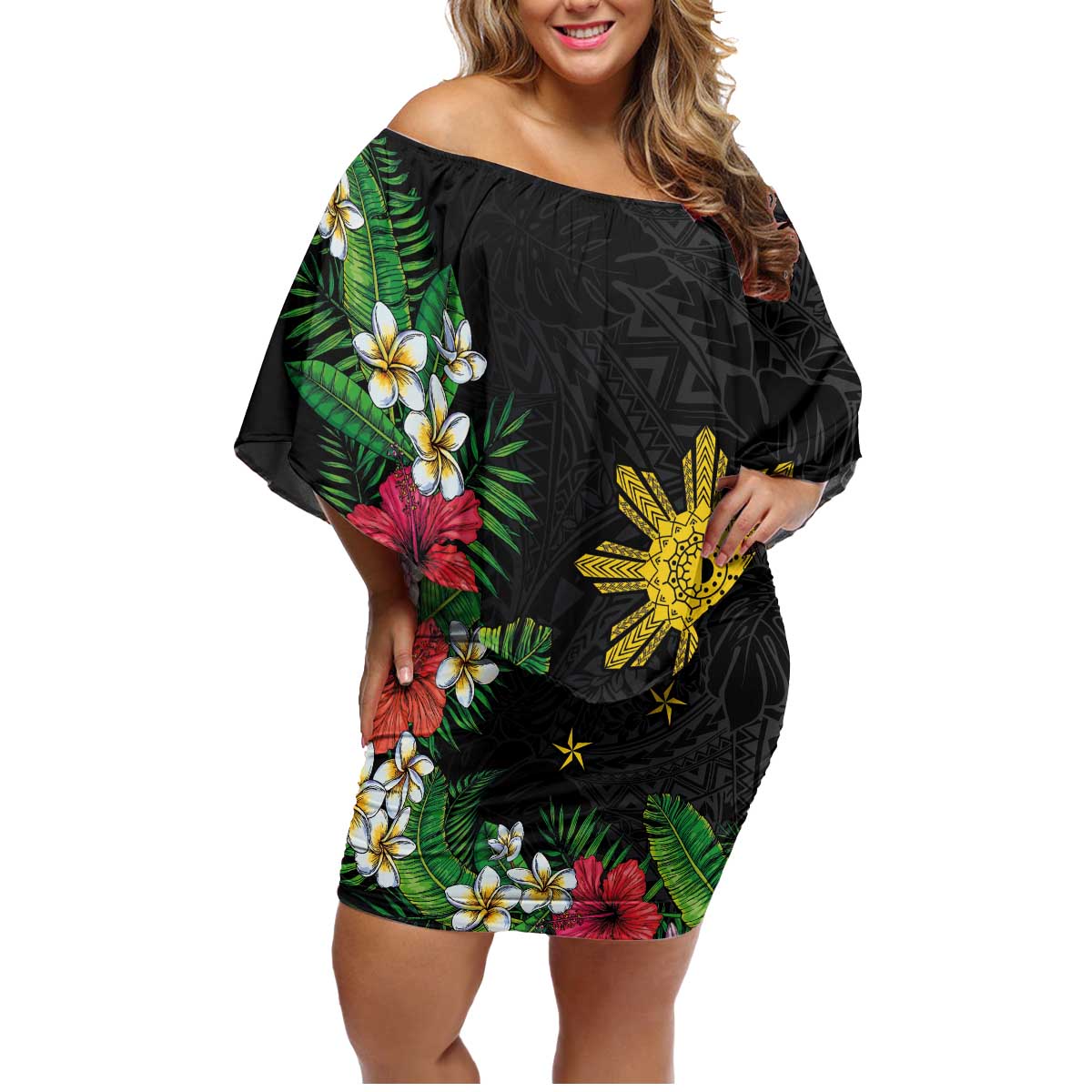 Tropical Hawaii and Philippines Family Matching Off Shoulder Short Dress and Hawaiian Shirt Kanaka Maoli and Sun Badge Batok Tattoo Colorful LT03 Mom's Dress Black - Polynesian Pride