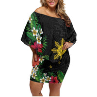 Tropical Hawaii and Philippines Family Matching Off Shoulder Short Dress and Hawaiian Shirt Kanaka Maoli and Sun Badge Batok Tattoo Colorful LT03 Mom's Dress Black - Polynesian Pride