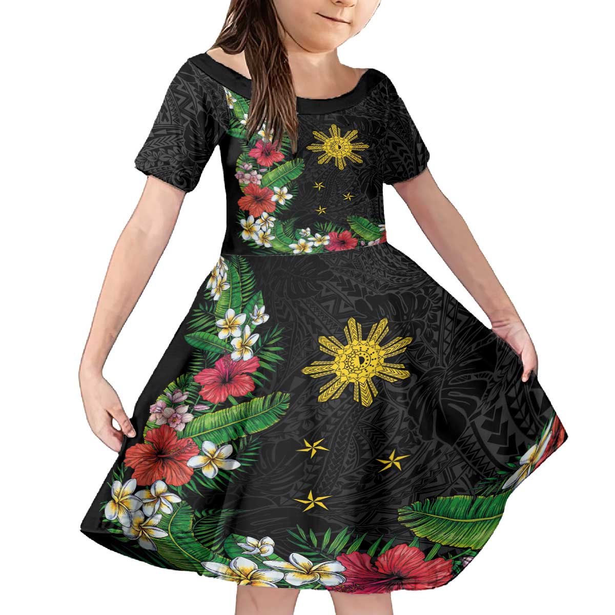 Tropical Hawaii and Philippines Family Matching Puletasi and Hawaiian Shirt Kanaka Maoli and Sun Badge Batok Tattoo Colorful LT03 Daughter's Dress Black - Polynesian Pride