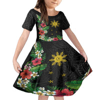 Tropical Hawaii and Philippines Family Matching Puletasi and Hawaiian Shirt Kanaka Maoli and Sun Badge Batok Tattoo Colorful LT03 Daughter's Dress Black - Polynesian Pride