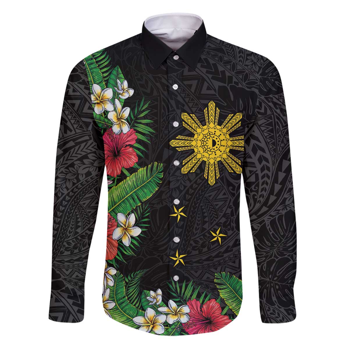 Tropical Hawaii and Philippines Family Matching Puletasi and Hawaiian Shirt Kanaka Maoli and Sun Badge Batok Tattoo Colorful LT03 Dad's Shirt - Long Sleeve Black - Polynesian Pride