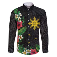 Tropical Hawaii and Philippines Family Matching Short Sleeve Bodycon Dress and Hawaiian Shirt Kanaka Maoli and Sun Badge Batok Tattoo Colorful LT03 Dad's Shirt - Long Sleeve Black - Polynesian Pride