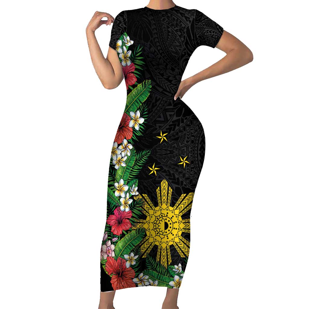 Tropical Hawaii and Philippines Family Matching Short Sleeve Bodycon Dress and Hawaiian Shirt Kanaka Maoli and Sun Badge Batok Tattoo Colorful LT03 Mom's Dress Black - Polynesian Pride