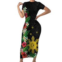 Tropical Hawaii and Philippines Family Matching Short Sleeve Bodycon Dress and Hawaiian Shirt Kanaka Maoli and Sun Badge Batok Tattoo Colorful LT03 Mom's Dress Black - Polynesian Pride