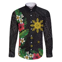 Tropical Hawaii and Philippines Family Matching Summer Maxi Dress and Hawaiian Shirt Kanaka Maoli and Sun Badge Batok Tattoo Colorful LT03 Dad's Shirt - Long Sleeve Black - Polynesian Pride