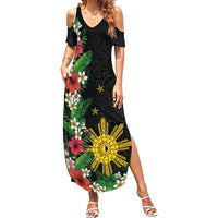 Tropical Hawaii and Philippines Family Matching Summer Maxi Dress and Hawaiian Shirt Kanaka Maoli and Sun Badge Batok Tattoo Colorful LT03 Mom's Dress Black - Polynesian Pride