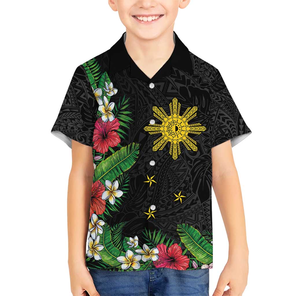 Tropical Hawaii and Philippines Family Matching Summer Maxi Dress and Hawaiian Shirt Kanaka Maoli and Sun Badge Batok Tattoo Colorful LT03 Son's Shirt Black - Polynesian Pride