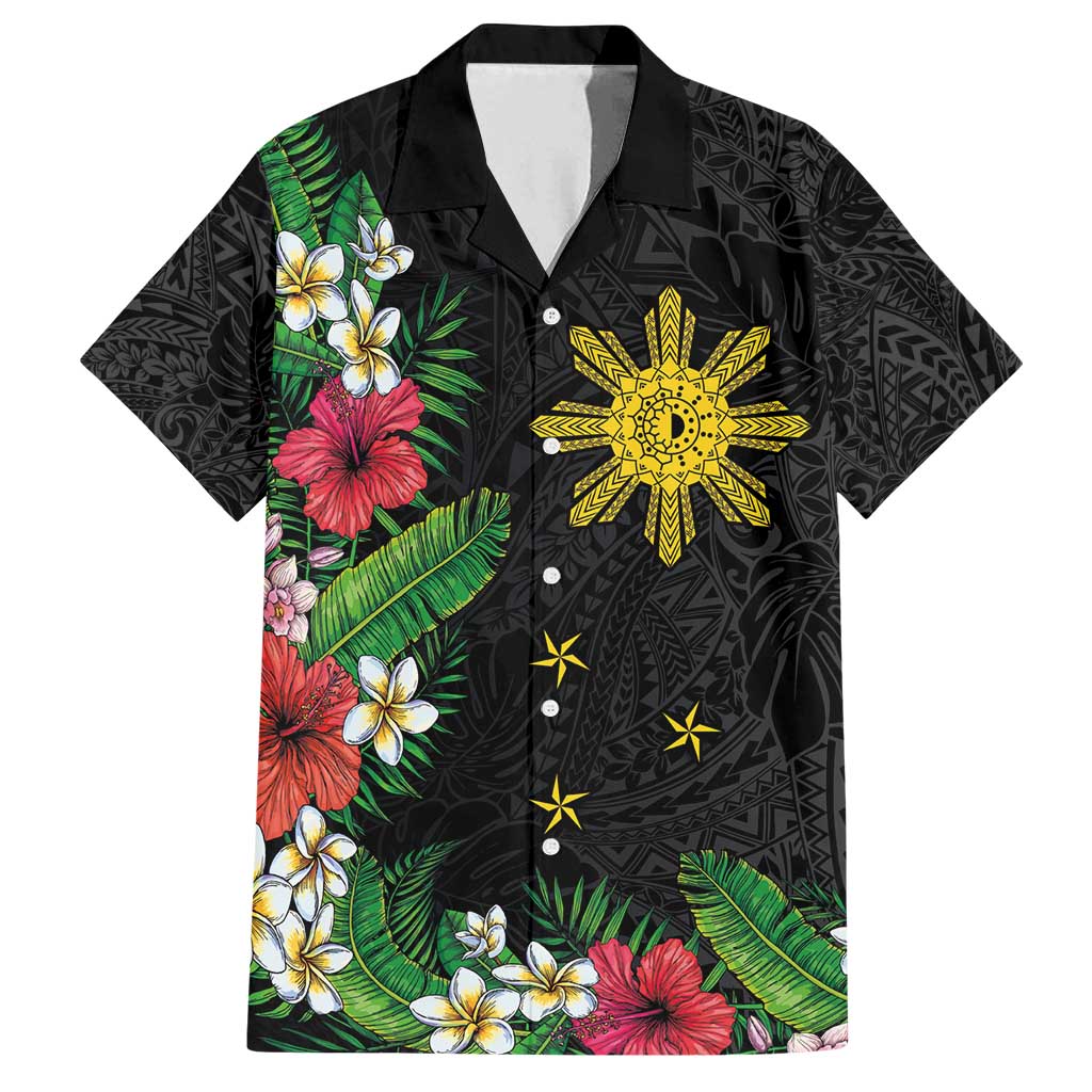 Tropical Hawaii and Philippines Family Matching Tank Maxi Dress and Hawaiian Shirt Kanaka Maoli and Sun Badge Batok Tattoo Colorful LT03 Dad's Shirt - Short Sleeve Black - Polynesian Pride