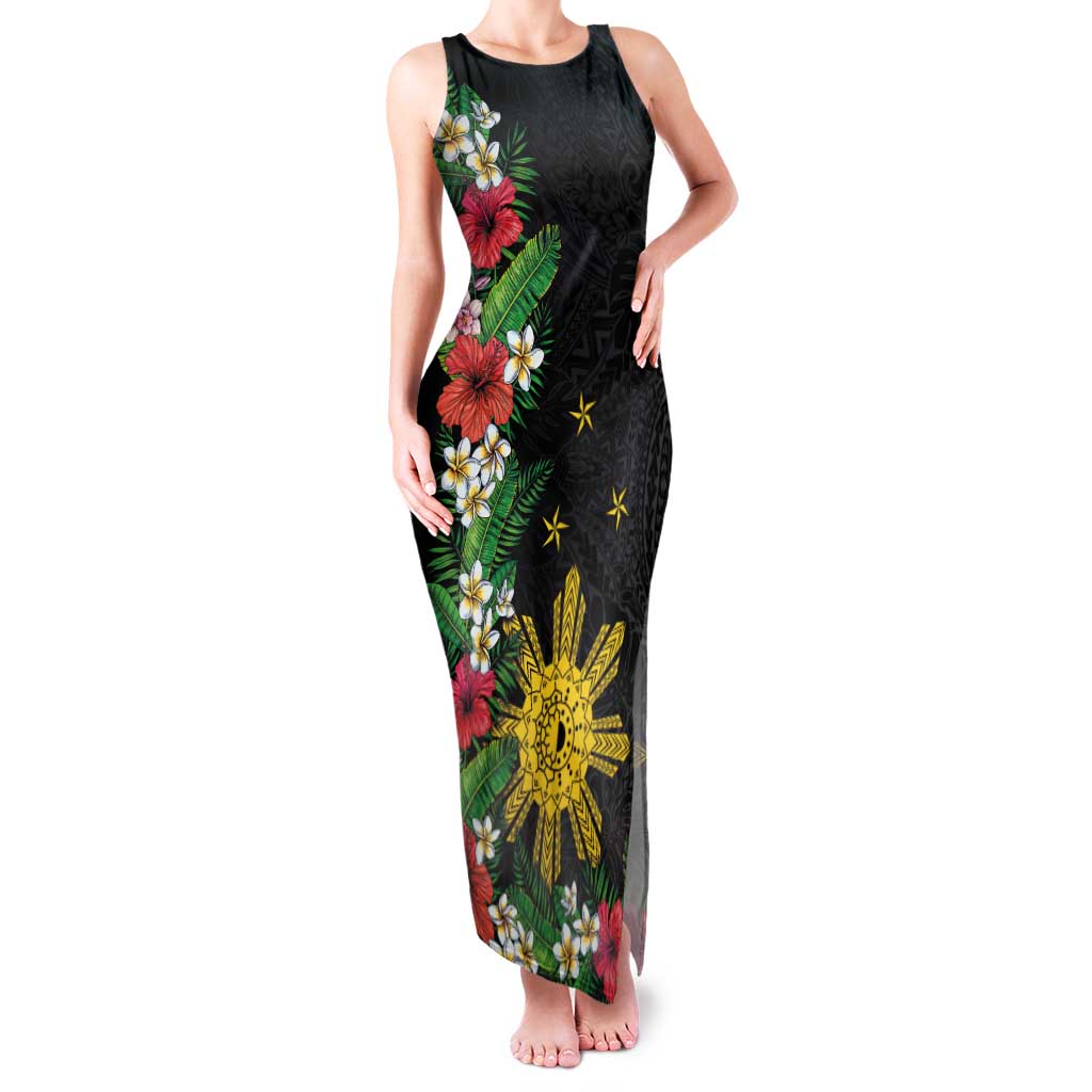 Tropical Hawaii and Philippines Family Matching Tank Maxi Dress and Hawaiian Shirt Kanaka Maoli and Sun Badge Batok Tattoo Colorful LT03 Mom's Dress Black - Polynesian Pride