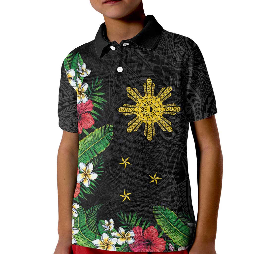 Tropical Hawaii and Philippines Kid Polo Shirt Kanaka Maoli and Sun Badge Batok Tattoo Colorful LT03 Kid Black - Polynesian Pride