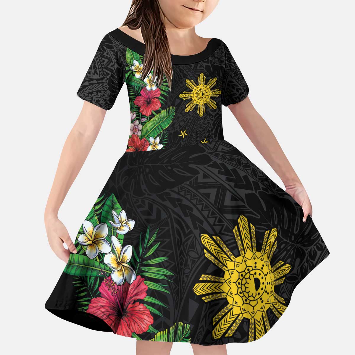 Tropical Hawaii and Philippines Kid Short Sleeve Dress Kanaka Maoli and Sun Badge Batok Tattoo Colorful LT03 KID Black - Polynesian Pride