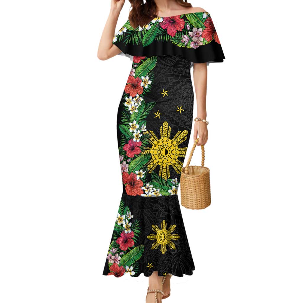 Tropical Hawaii and Philippines Mermaid Dress Kanaka Maoli and Sun Badge Batok Tattoo Colorful LT03 Women Black - Polynesian Pride