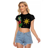 Tropical Hawaii and Philippines Raglan Cropped T Shirt Kanaka Maoli and Sun Badge Batok Tattoo Colorful LT03 Female Black - Polynesian Pride