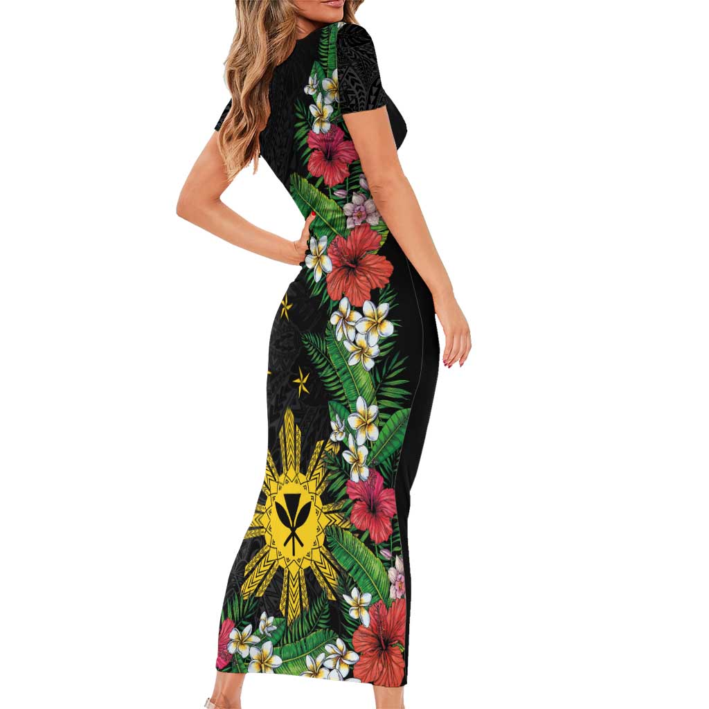 Tropical Hawaii and Philippines Short Sleeve Bodycon Dress Kanaka Maoli and Sun Badge Batok Tattoo Colorful LT03 - Polynesian Pride