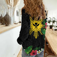 Tropical Hawaii and Philippines Women Casual Shirt Kanaka Maoli and Sun Badge Batok Tattoo Colorful LT03 - Polynesian Pride