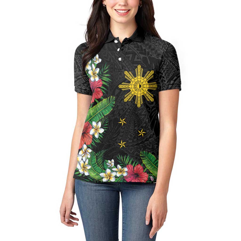 Tropical Hawaii and Philippines Women Polo Shirt Kanaka Maoli and Sun Badge Batok Tattoo Colorful LT03 - Polynesian Pride