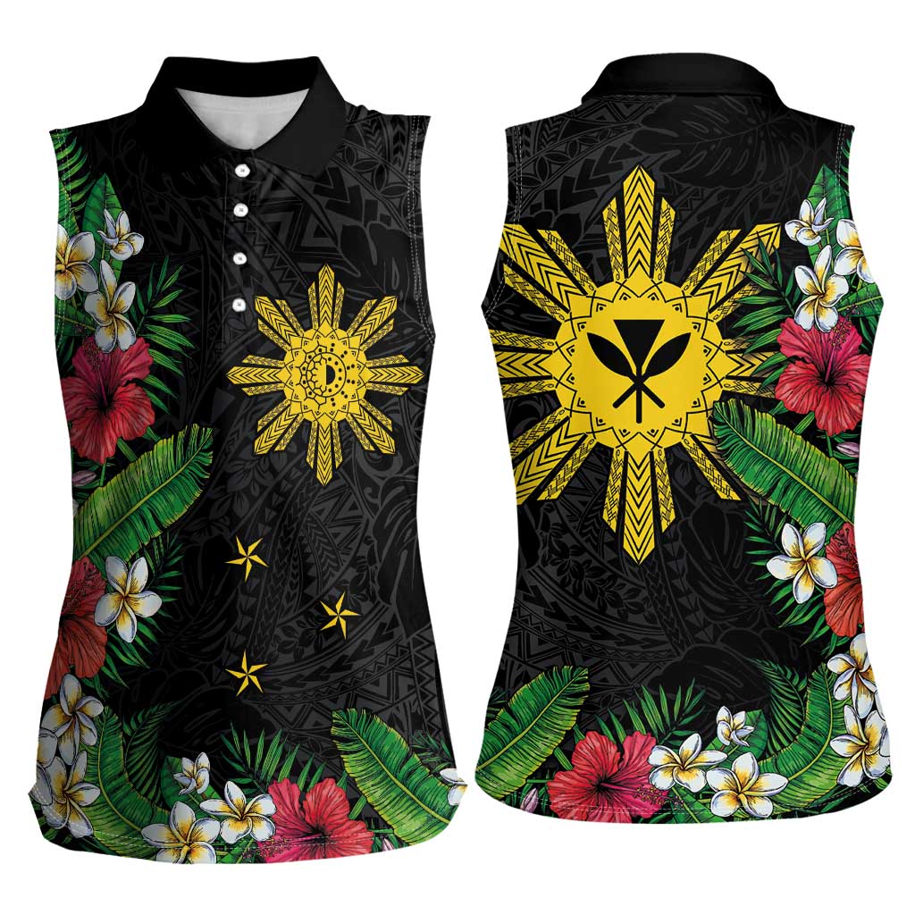 Tropical Hawaii and Philippines Women Sleeveless Polo Shirt Kanaka Maoli and Sun Badge Batok Tattoo Colorful LT03 - Polynesian Pride